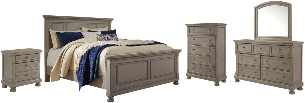 Lettner King Panel Bed with Mirrored Dresser, Chest and Nightstand