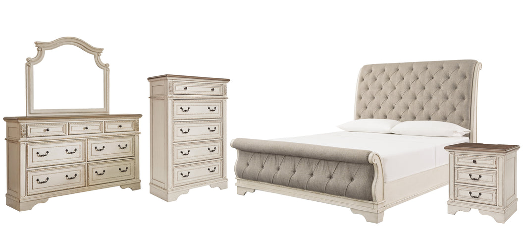 Realyn California King Sleigh Bed with Mirrored Dresser, Chest and Nightstand